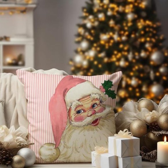 Christmas Pillow Covers Pink Santa Decoration Set Of 4 Accent Holiday Xmas Decor - Picture 5 of 16